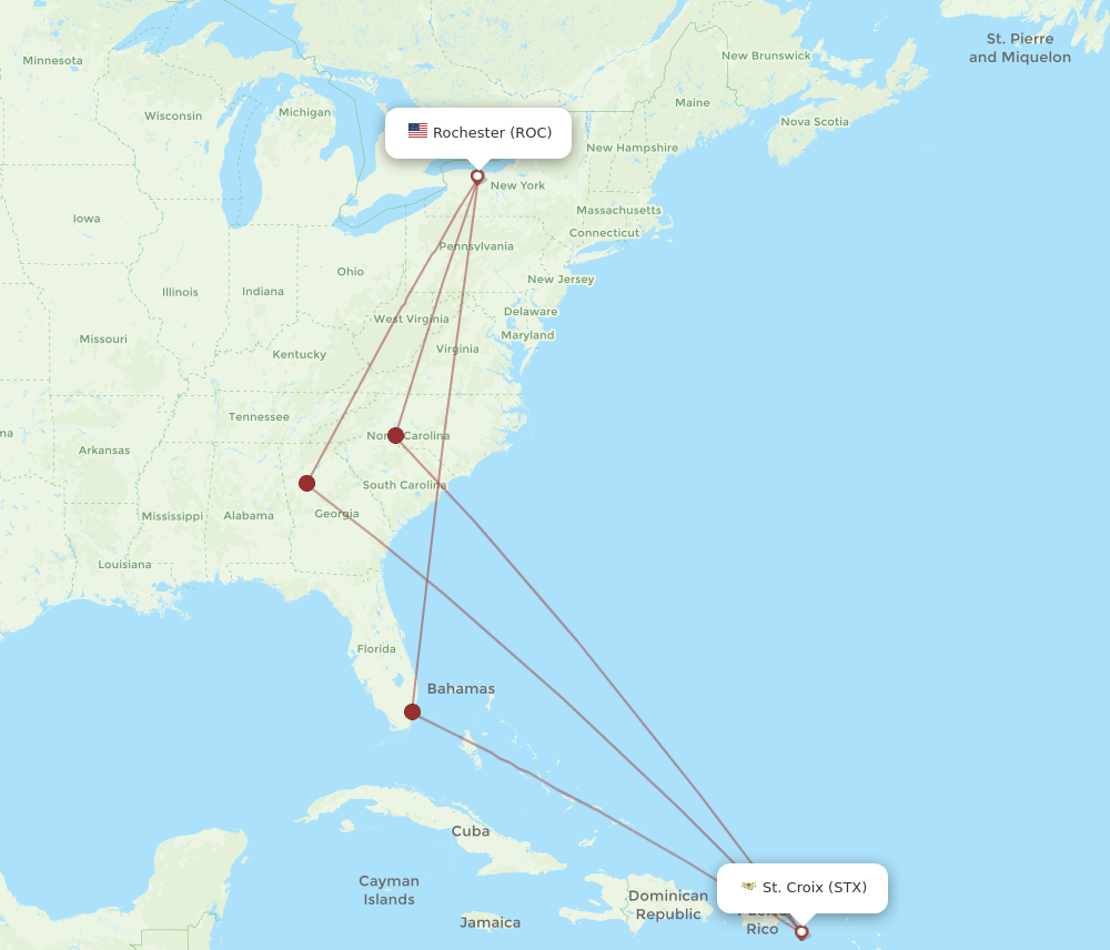 ROC to STX flights and routes map