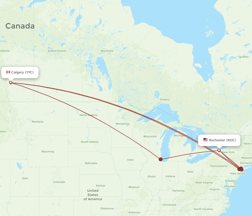 YYC to ROC flights and routes map