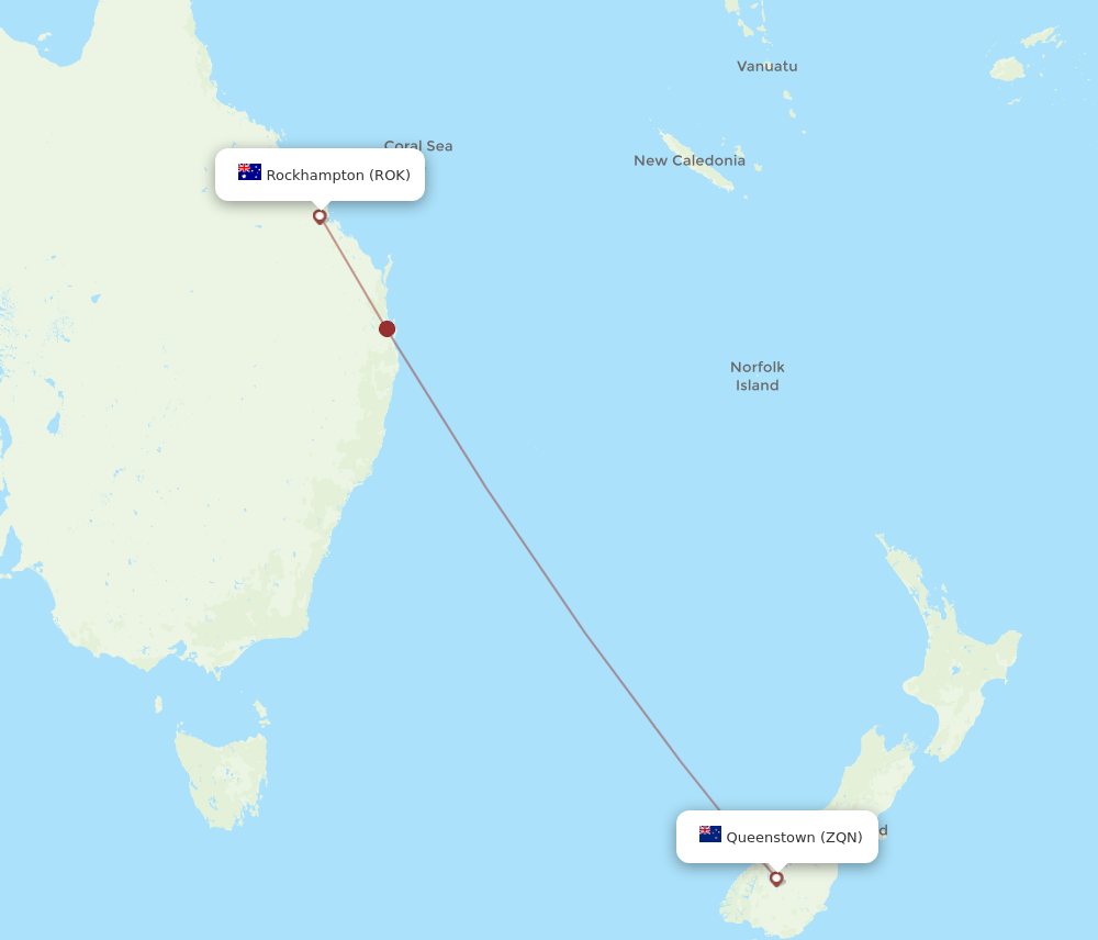 Queenstown - Rockhampton route map and flight paths