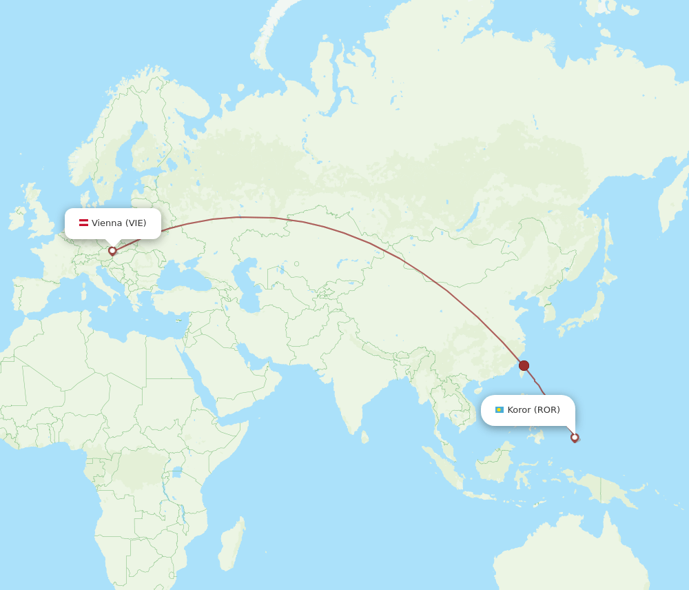 Vienna - Koror route map and flight paths