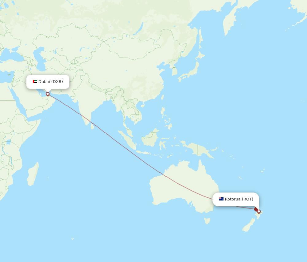 Dubai - Rotorua route map and flight paths