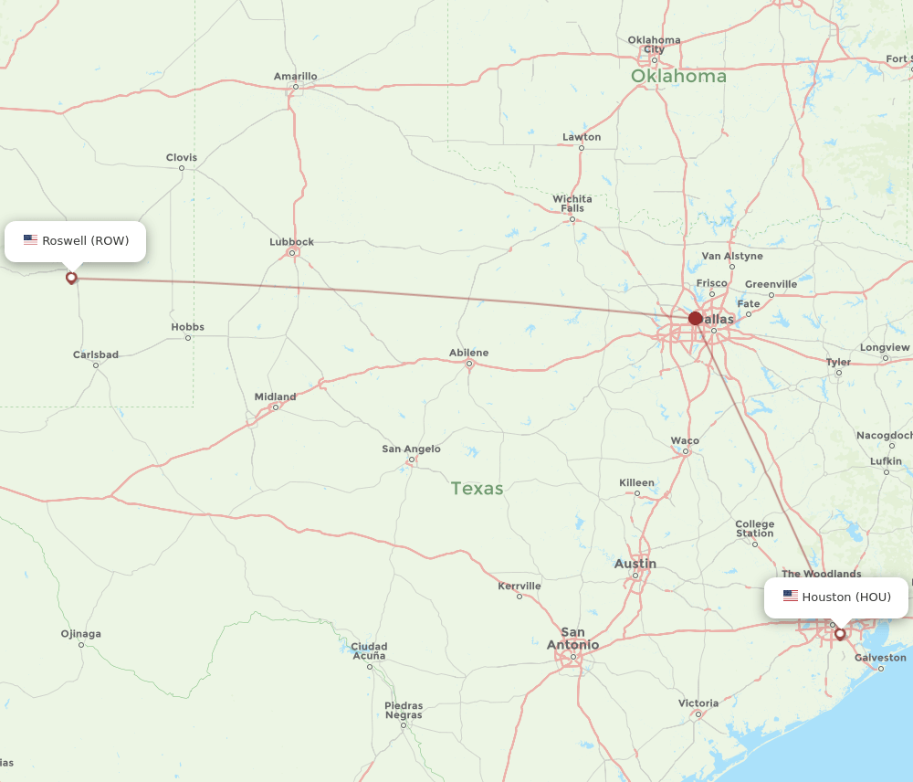 ROW to HOU flights and routes map