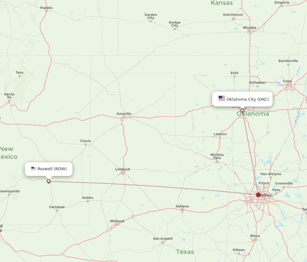 ROW to OKC flights and routes map