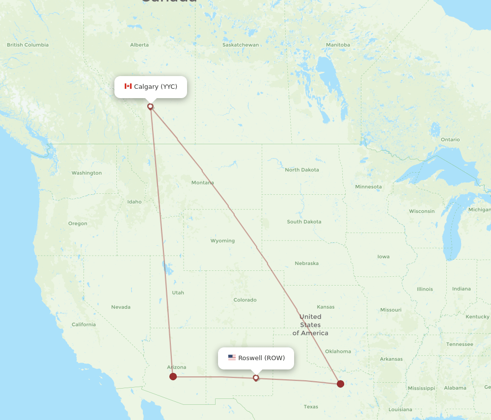 Calgary - Roswell route map and flight paths