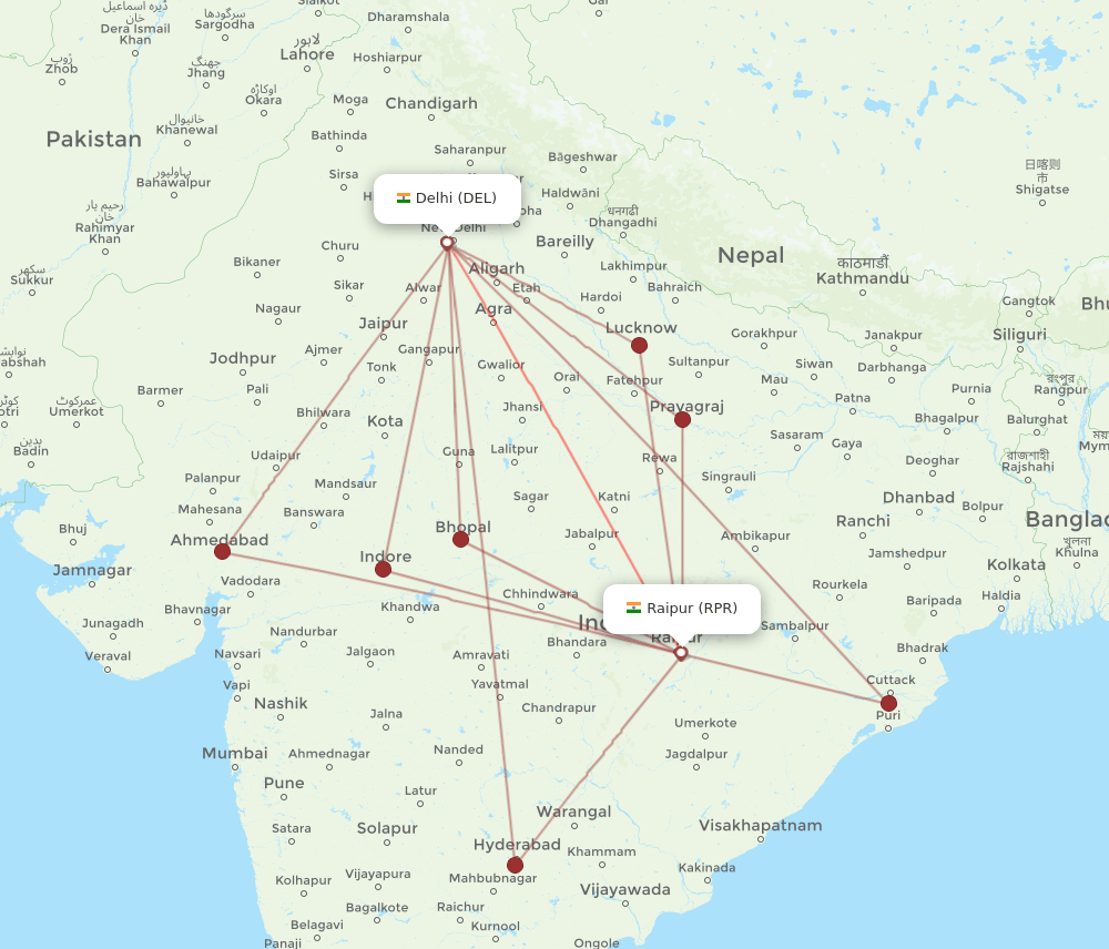 RPR to DEL flights and routes map