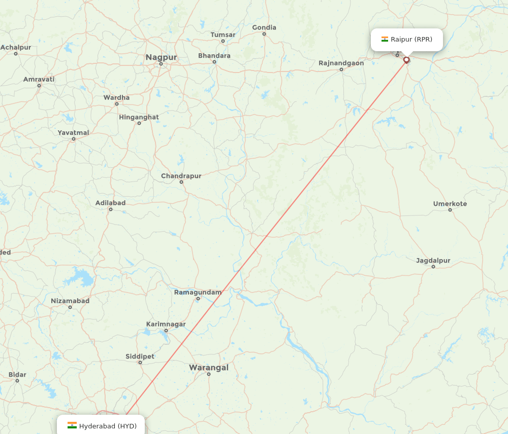 Raipur - Hyderabad route map and flight paths