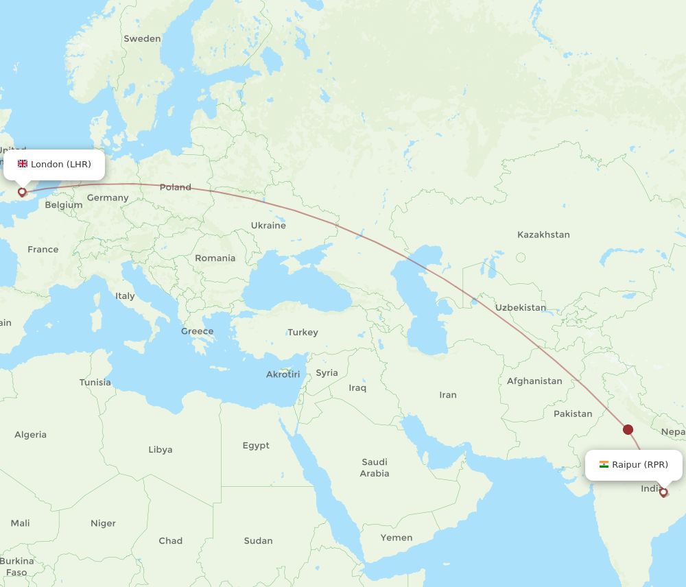 RPR to LHR flights and routes map