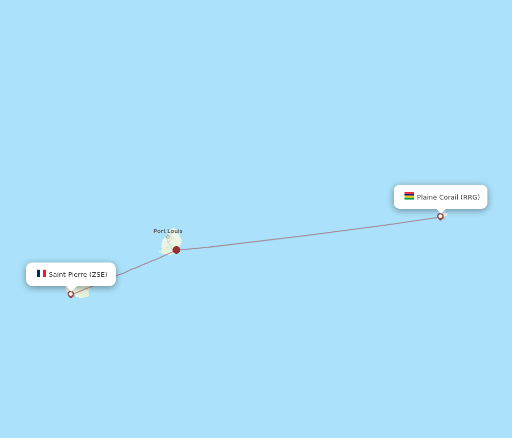 Rodrigues Island - Saint Pierre de la Reunion route map and flight paths