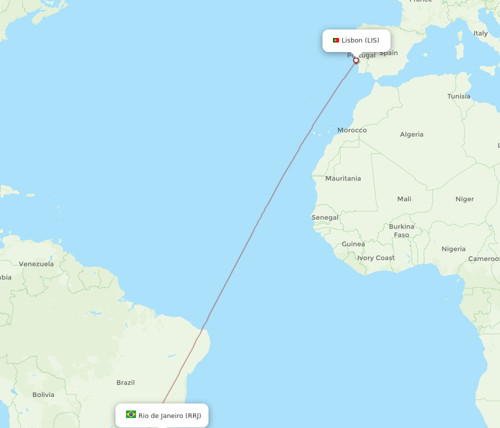 Lisbon - Rio De Janeiro route map and flight paths