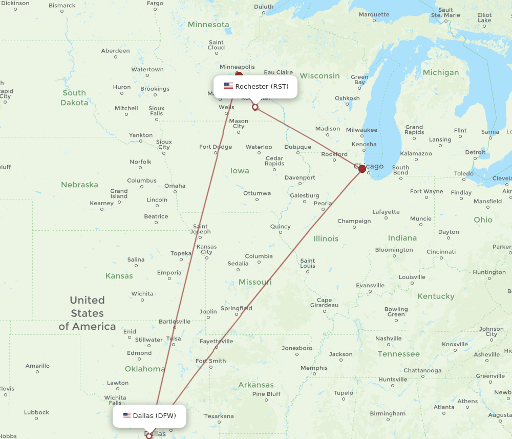 RST-DFW flight routes