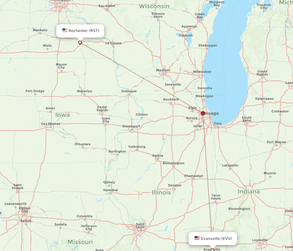 Evansville - Rochester route map and flight paths