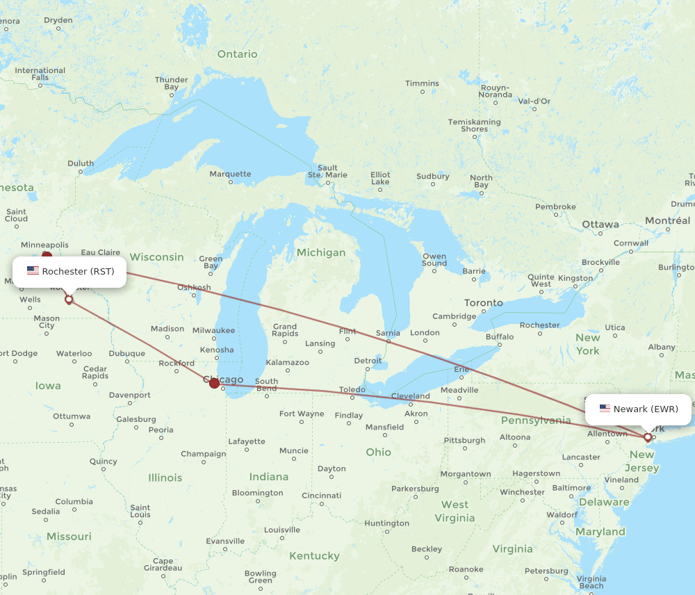 RST-EWR flight routes