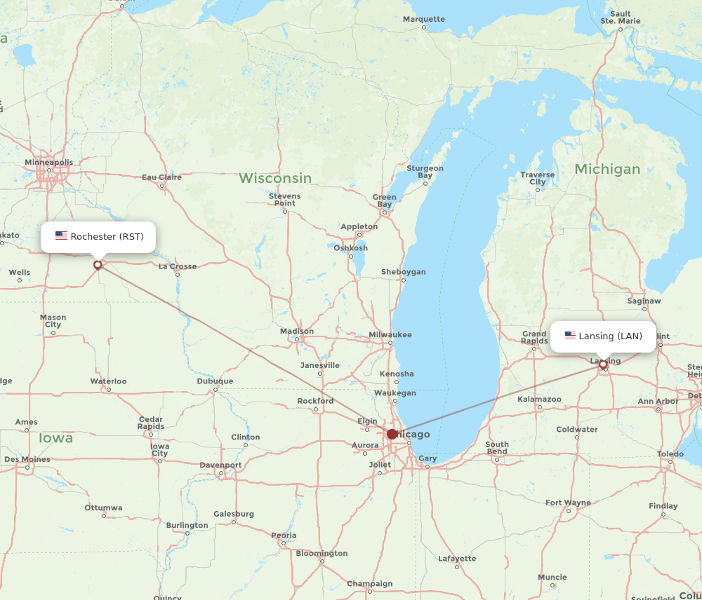 RST to LAN flights and routes map