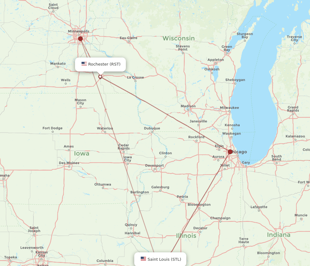 RST to STL flights and routes map