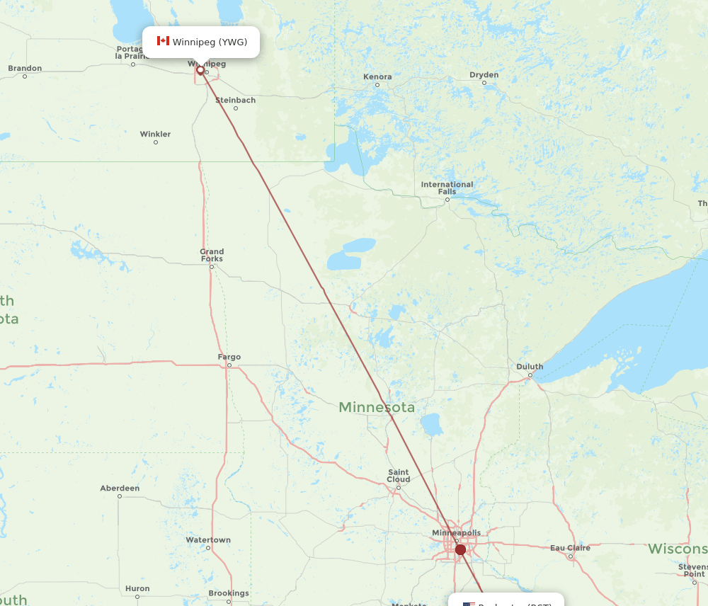 Winnipeg - Rochester route map and flight paths