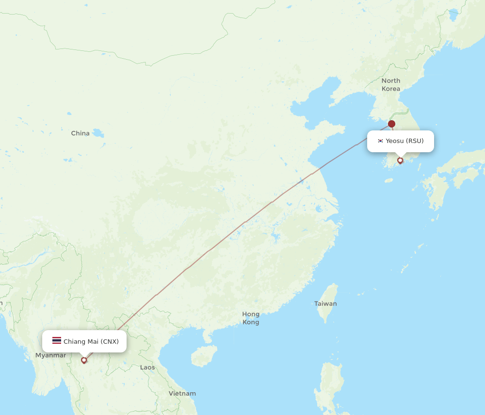 Chiang Mai - Yeosu route map and flight paths