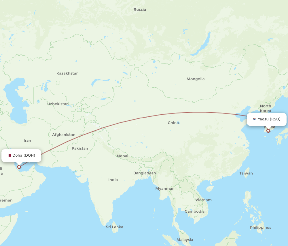 Doha - Yeosu route map and flight paths