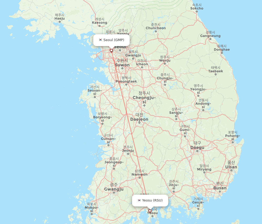 Yeosu - Seoul route map and flight paths