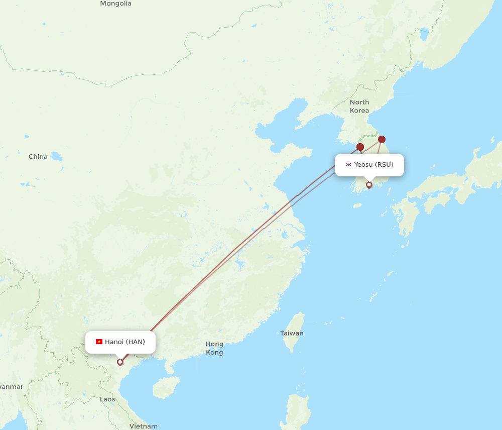 Yeosu - Hanoi route map and flight paths