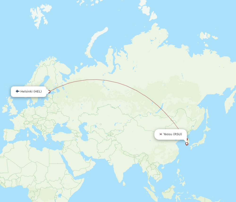 Yeosu - Helsinki route map and flight paths