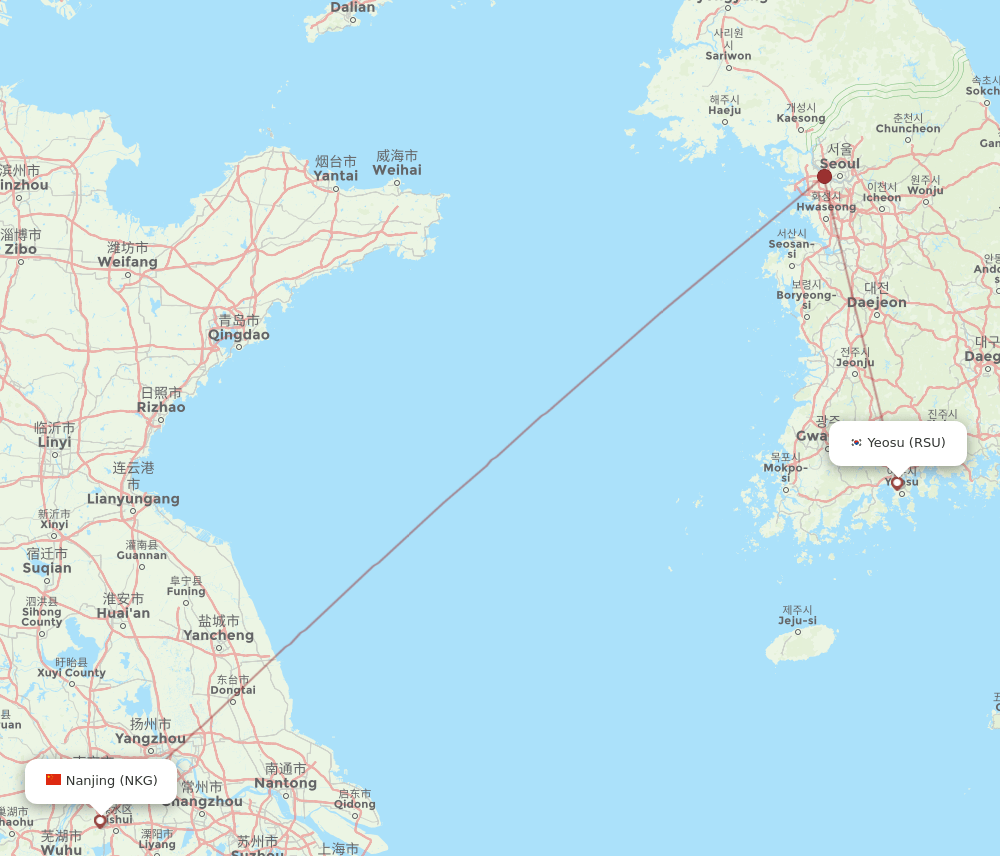 Nanjing - Yeosu route map and flight paths