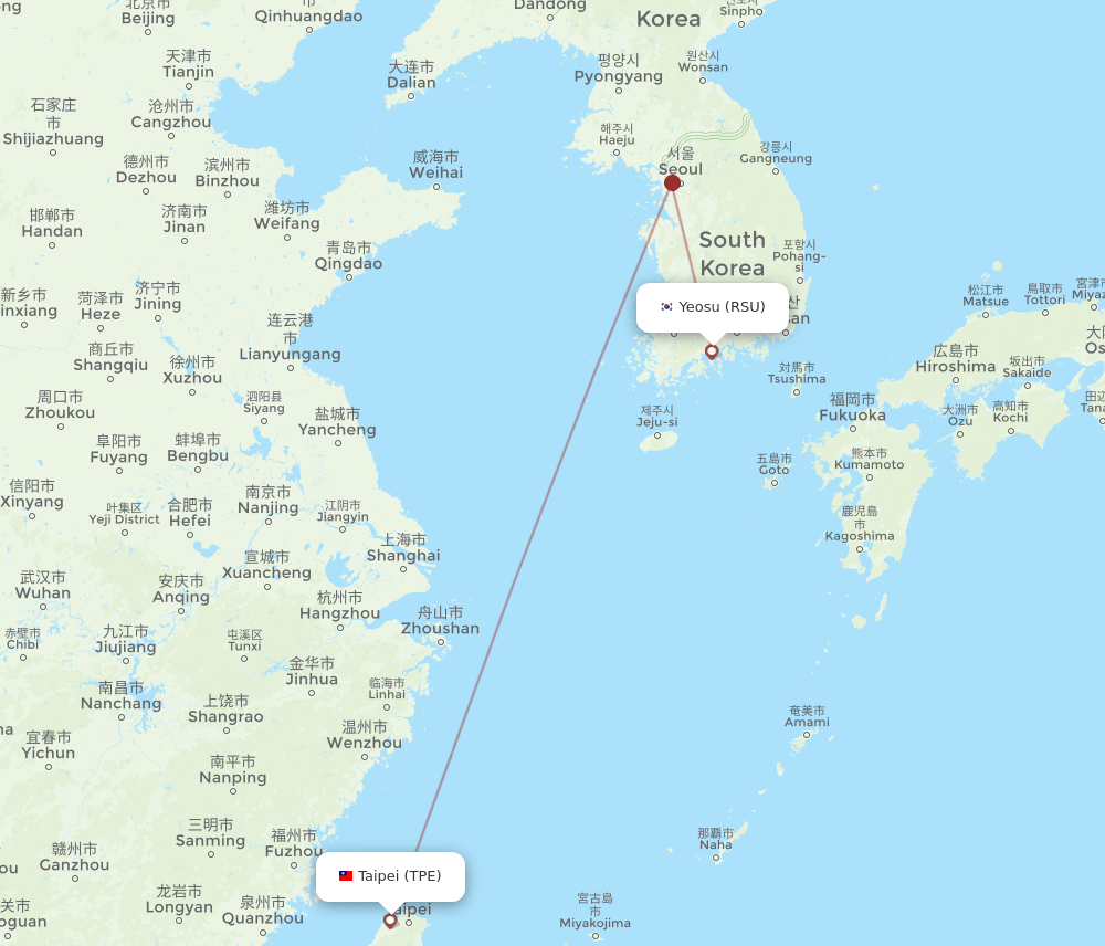 Taipei - Yeosu route map and flight paths