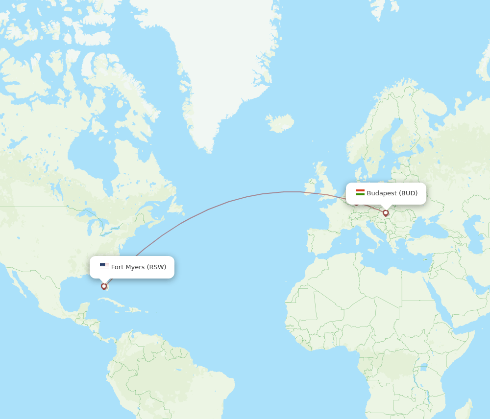 RSW to BUD flights and routes map