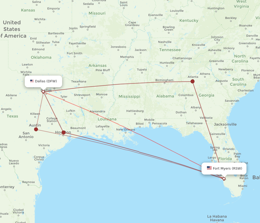 RSW to DFW flights and routes map