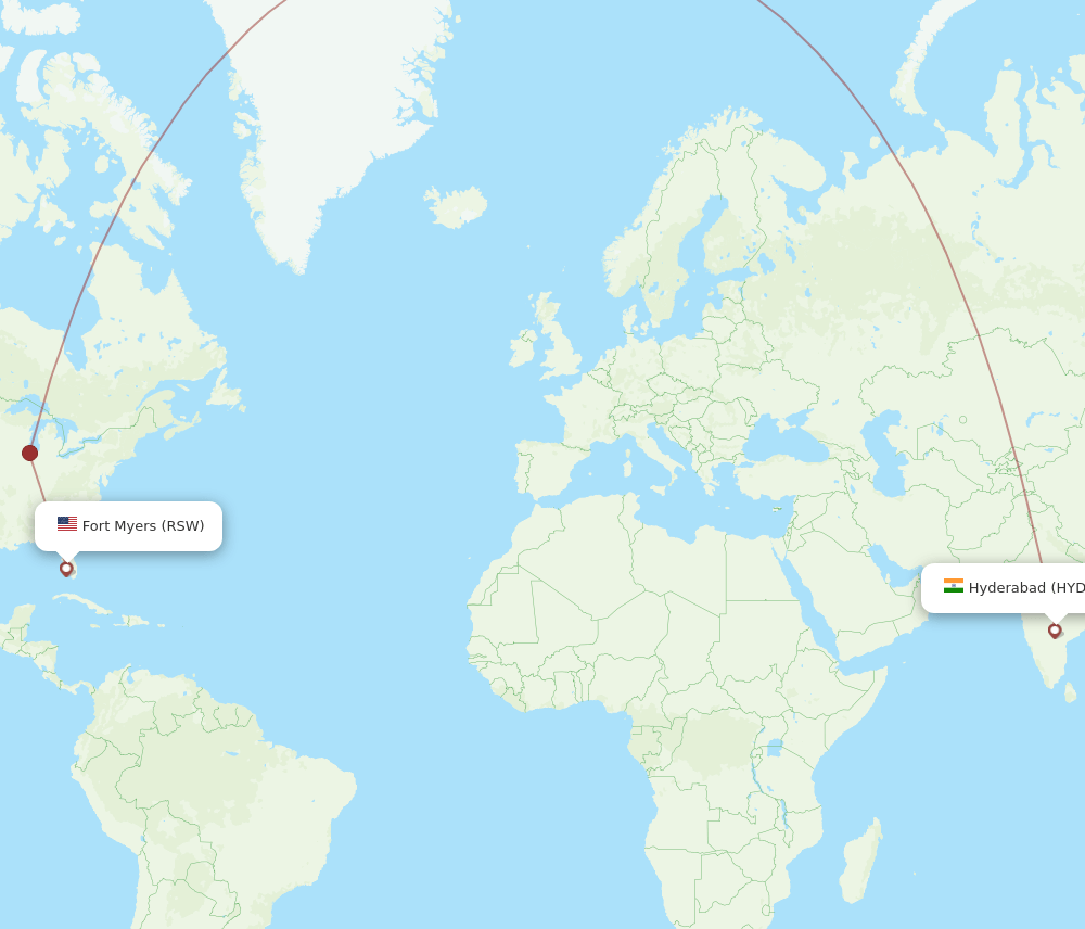 Hyderabad - Fort Myers route map and flight paths