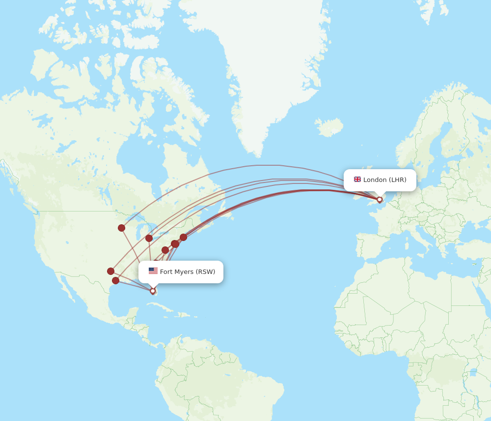 RSW to LHR flights and routes map