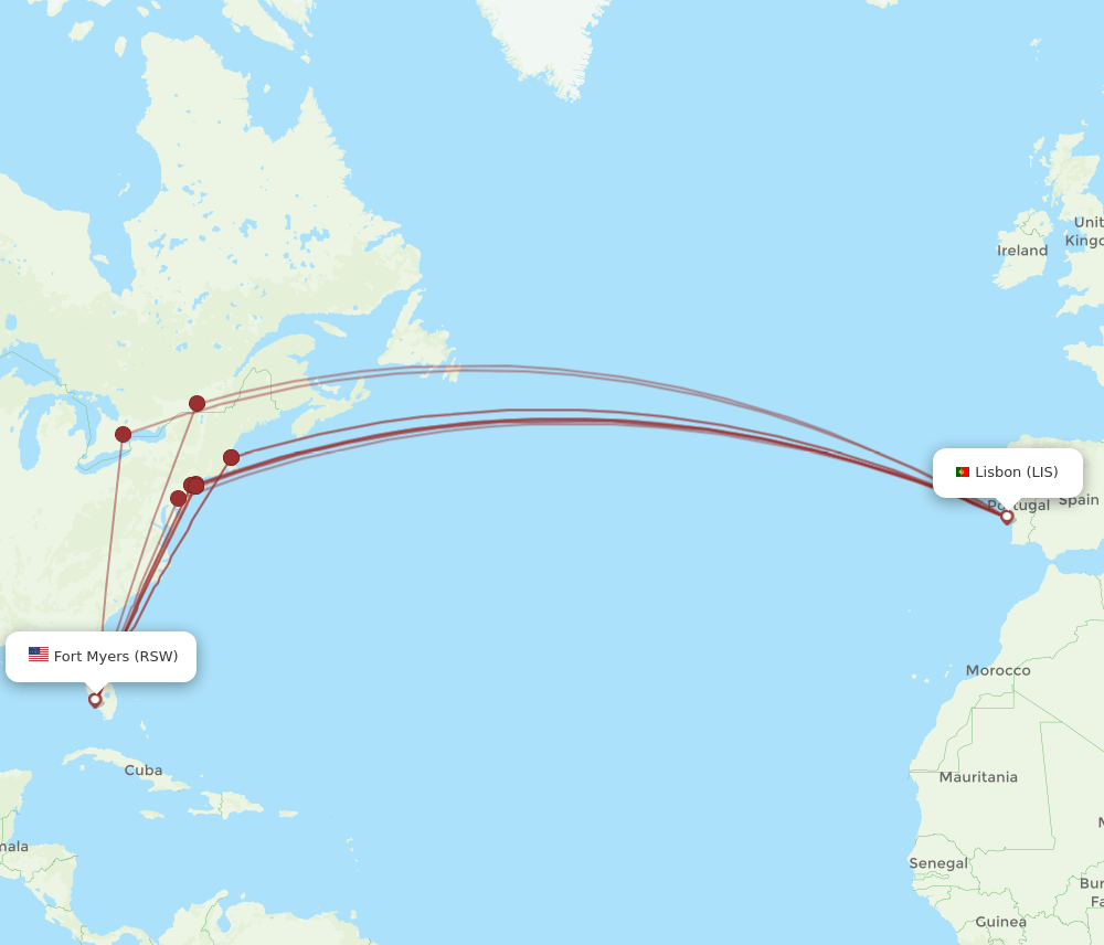 RSW to LIS flights and routes map