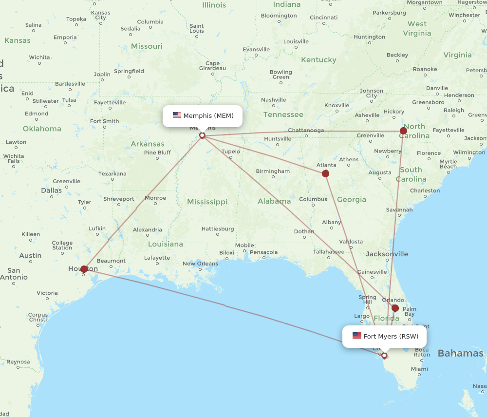 RSW to MEM flights and routes map