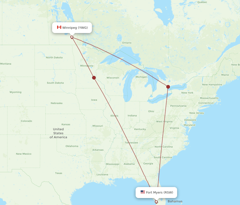 RSW-YWG flight routes