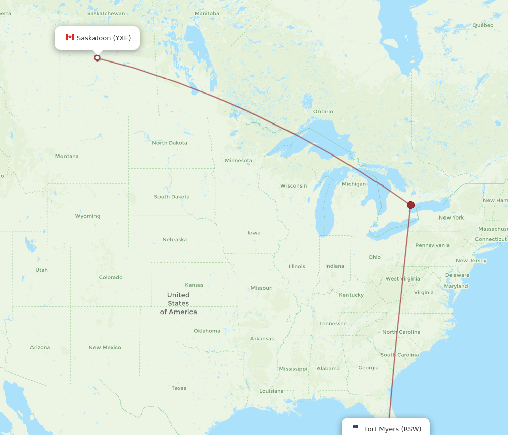 YXE to RSW flights and routes map