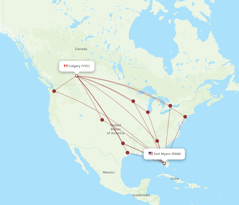Calgary - Fort Myers route map and flight paths