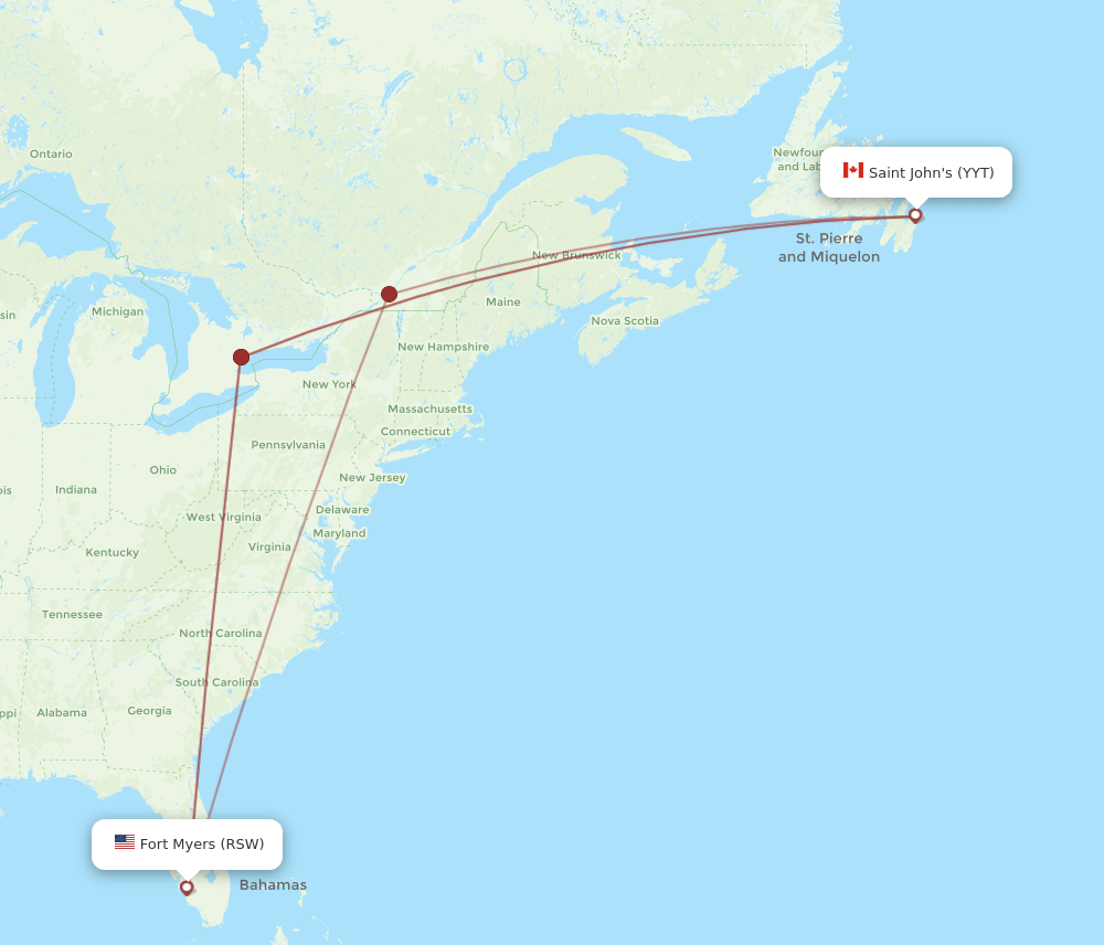 St. John's - Fort Myers route map and flight paths