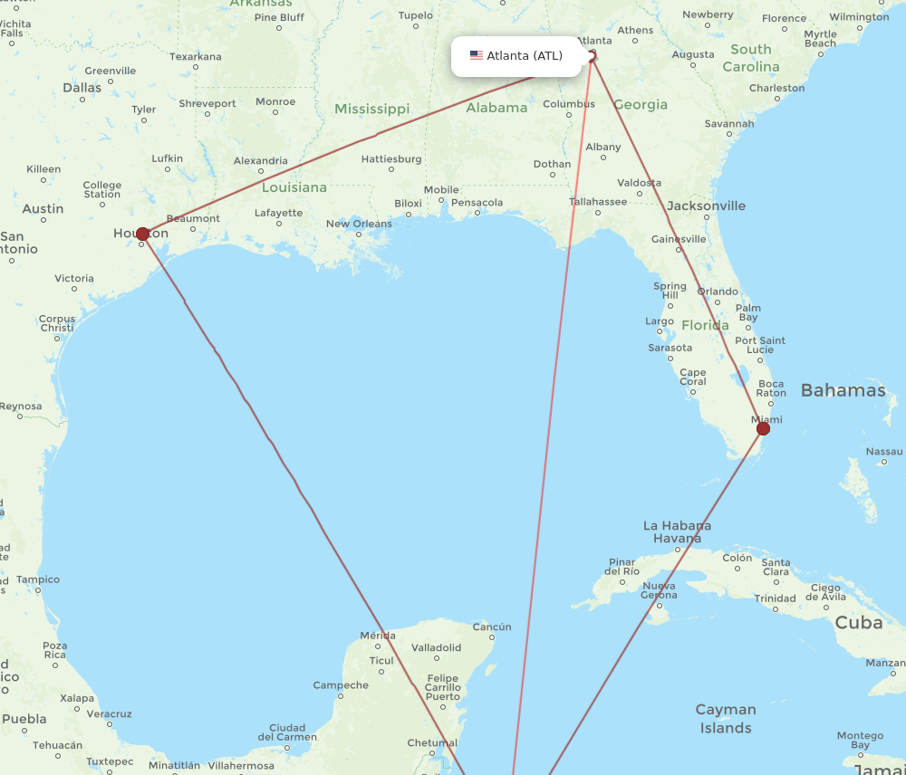 RTB to ATL flights and routes map
