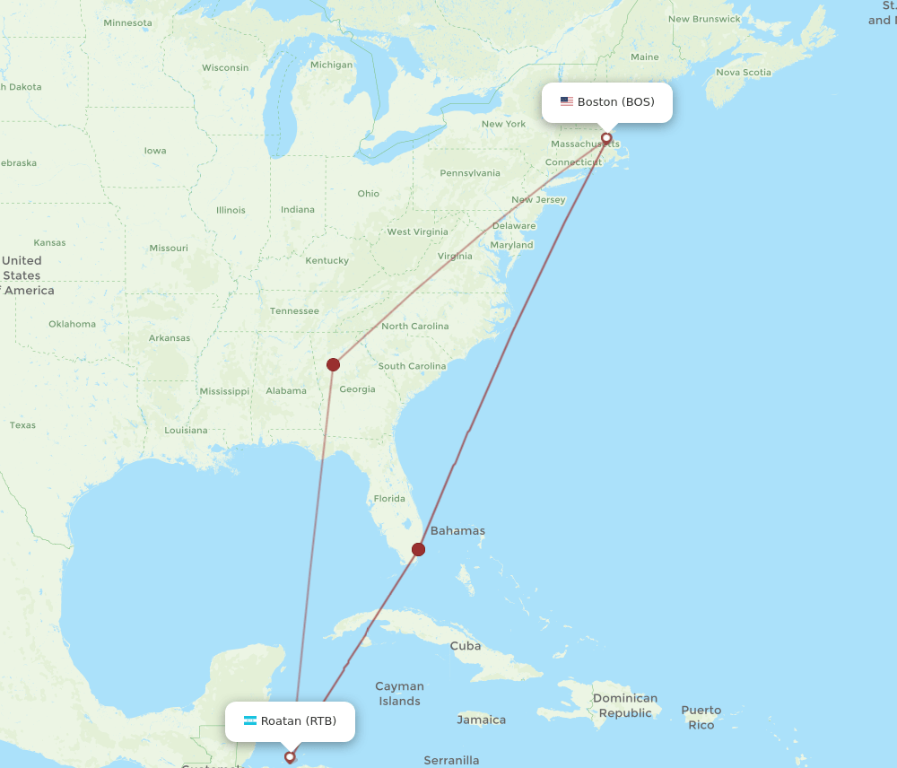 RTB-BOS flight routes