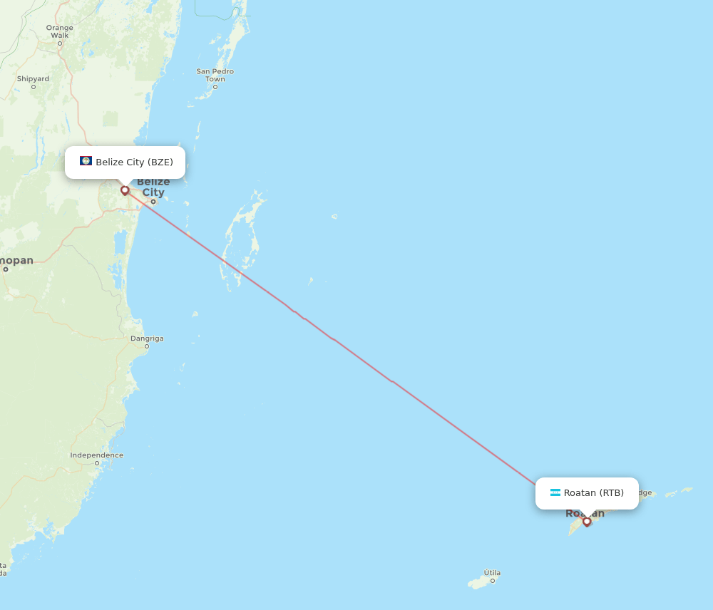 Roatan - Belize City route map and flight paths