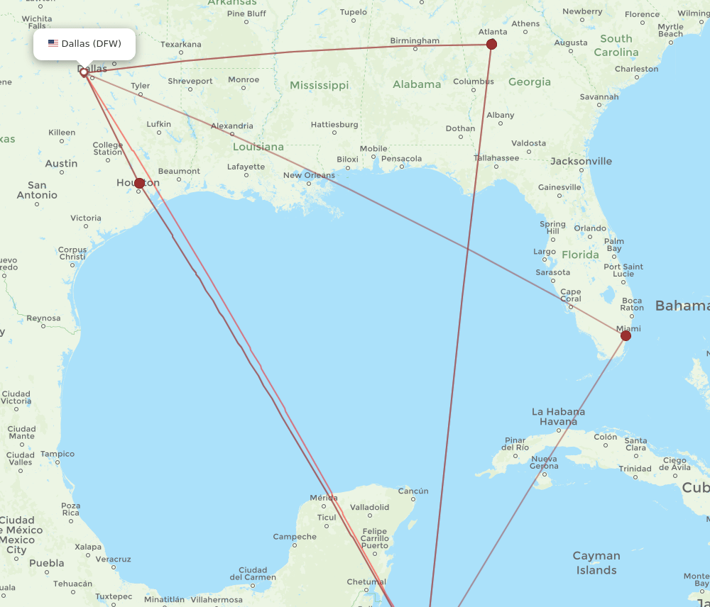 RTB to DFW flights and routes map