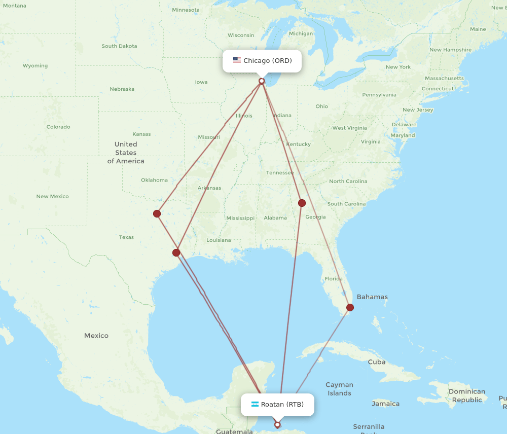RTB to ORD flights and routes map