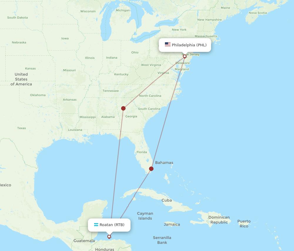 RTB-PHL flight routes