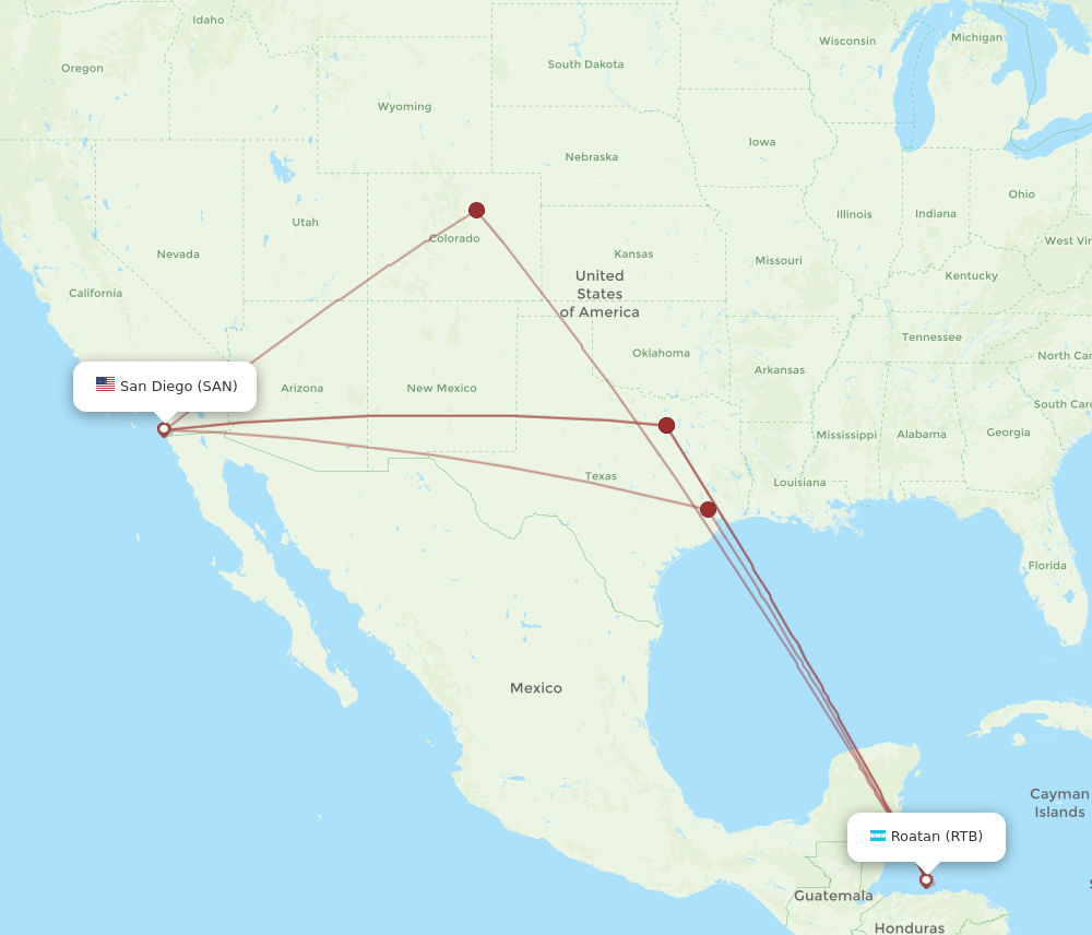 San Diego - Roatan route map and flight paths