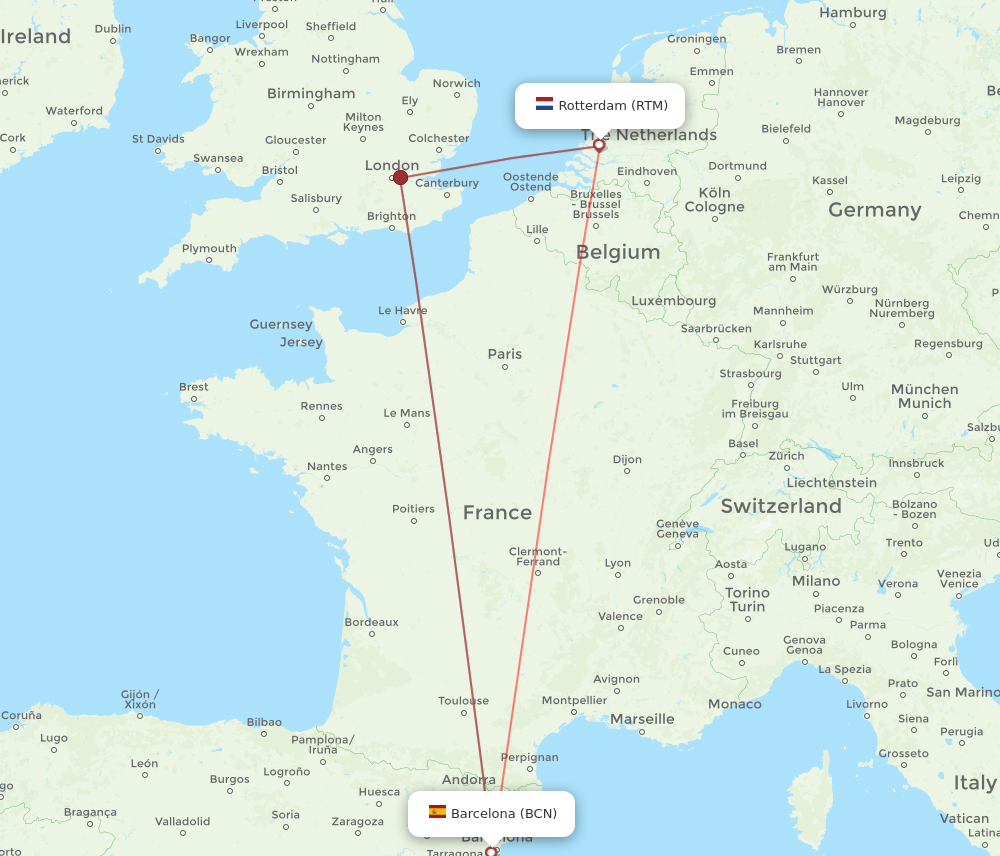 RTM to BCN flights and routes map