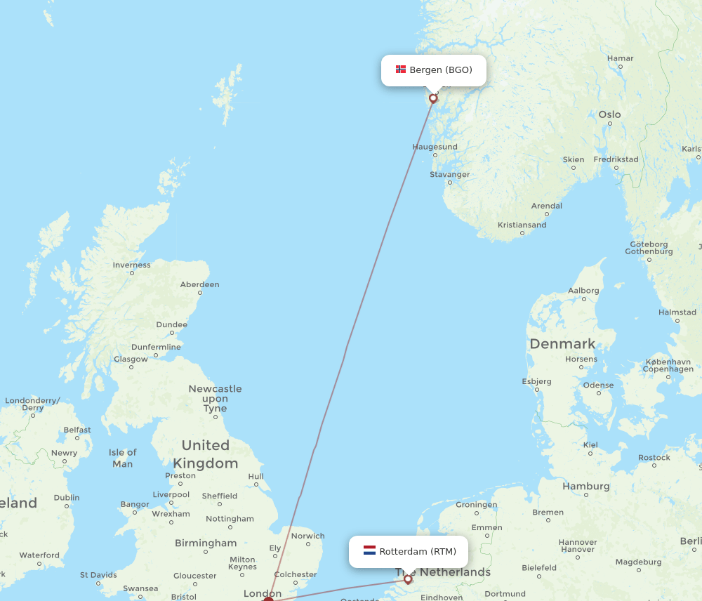 Bergen - Rotterdam route map and flight paths
