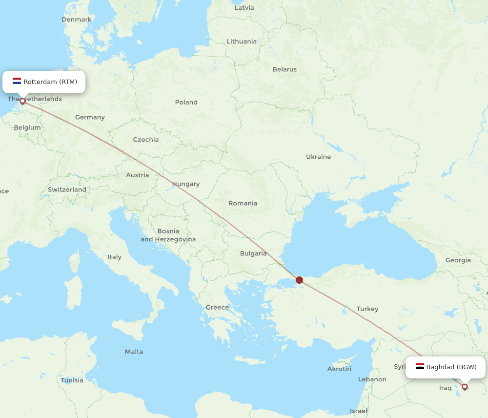 Baghdad - Rotterdam route map and flight paths