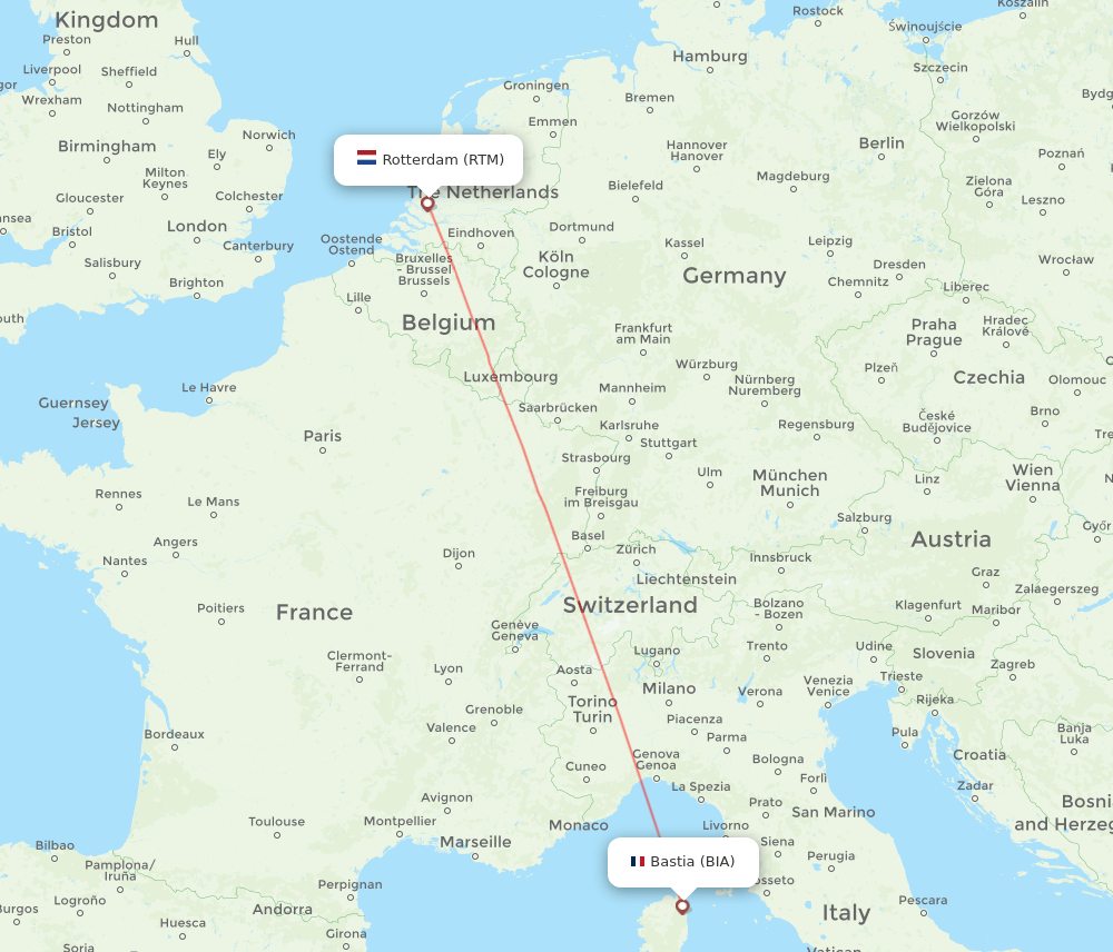 Rotterdam - Bastia route map and flight paths