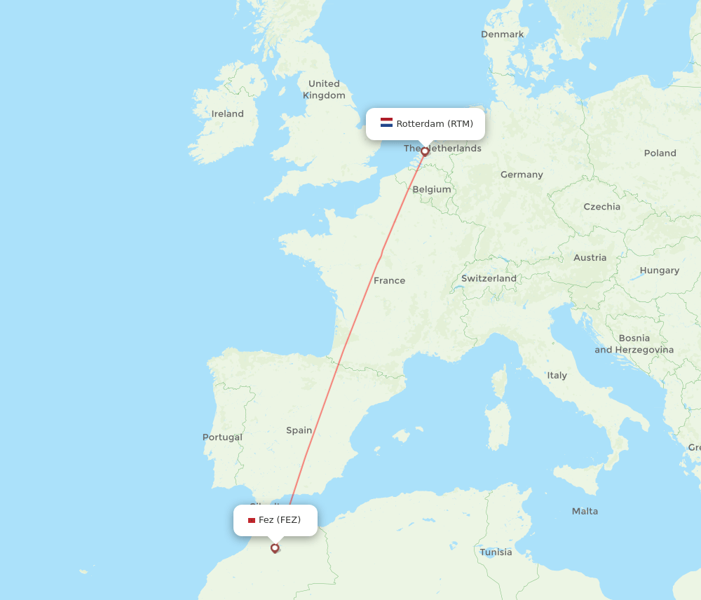 Rotterdam - Fes route map and flight paths