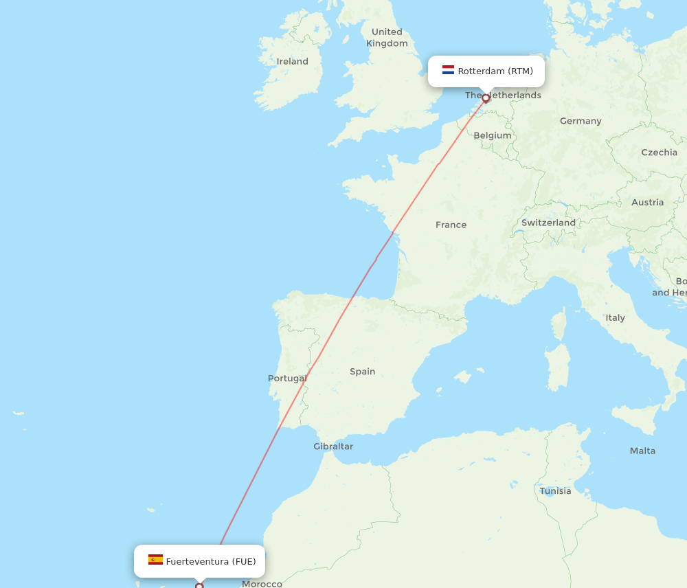 Rotterdam - Puerto del Rosario route map and flight paths