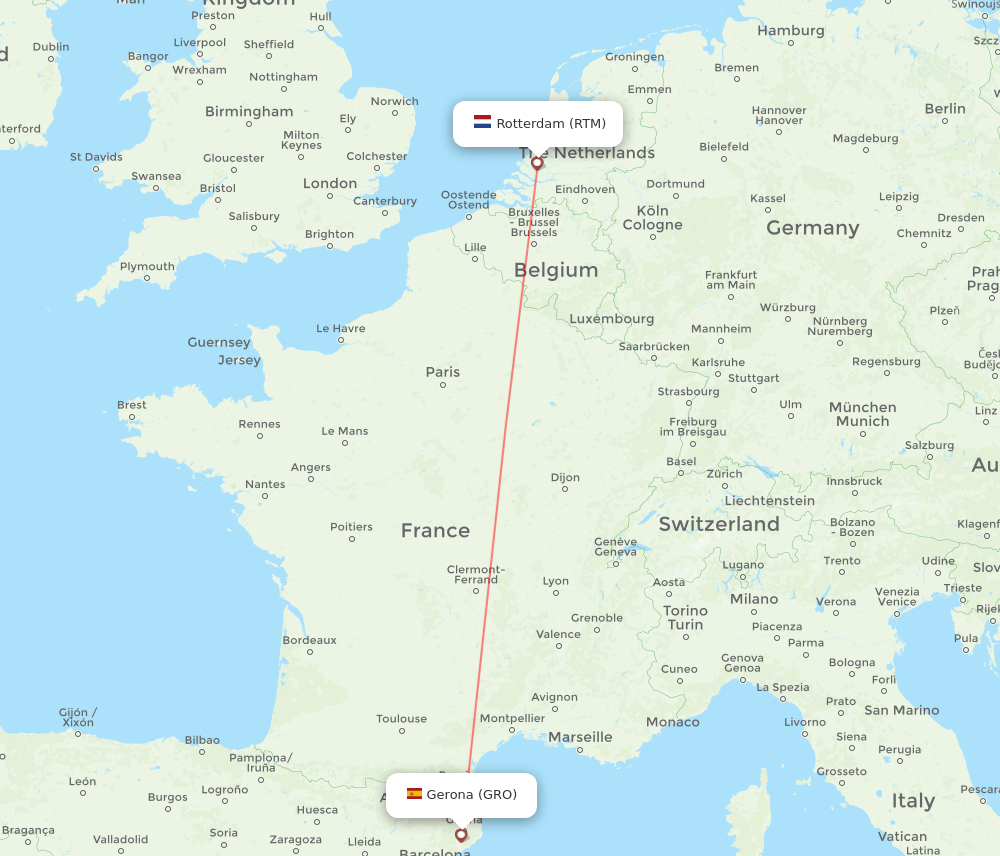 Rotterdam - Girona route map and flight paths